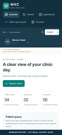 Clinic application mobile overview with fictional patient data